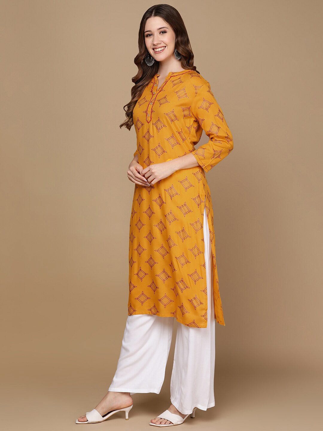 HERE&NOW Mustard Yellow & Red Ethnic Motifs Printed Kurta