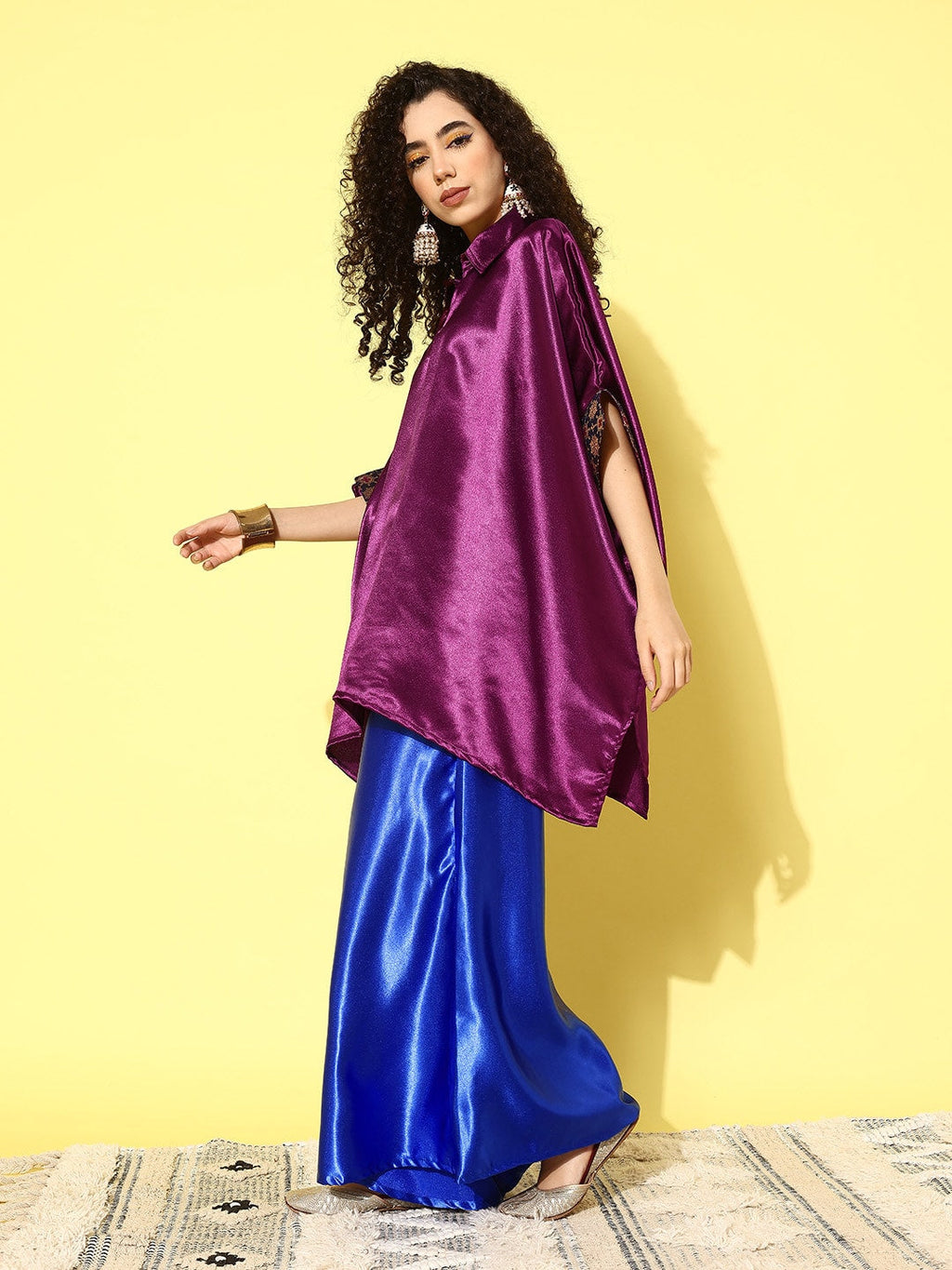 InWeave Women's Wine Navy Brocade Satin Boho Blue Palazzo Set