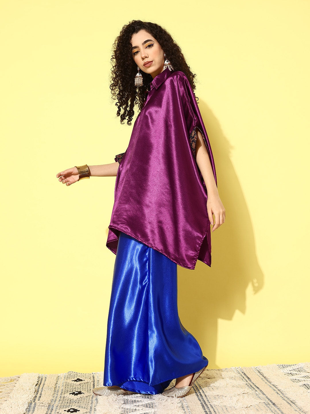 InWeave Women's Wine Navy Brocade Satin Boho Blue Palazzo Set