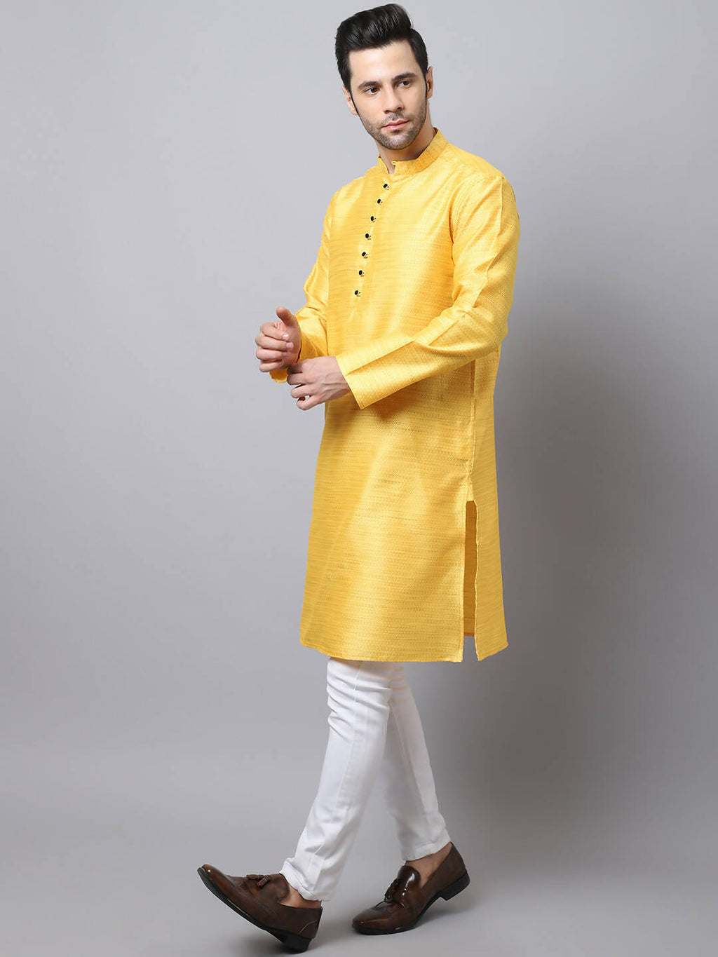 Even Apparels Yellow Pure Cotton Men's Kurta With Band Collar (SLK1187)