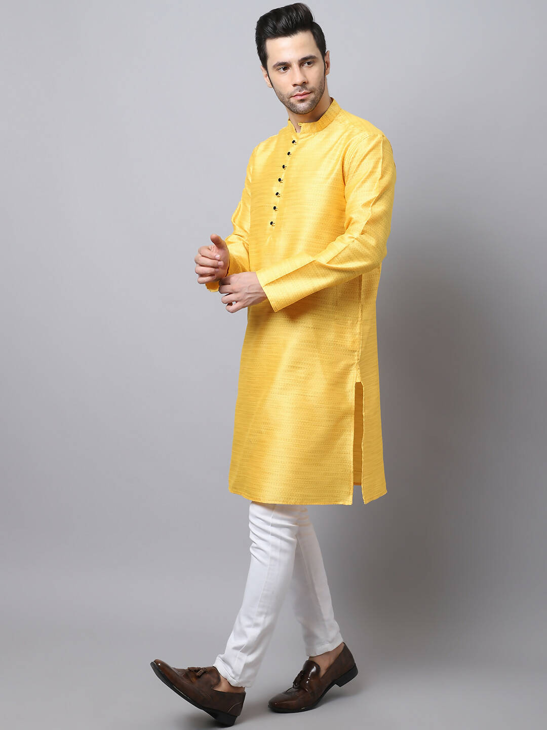 Even Apparels Yellow Pure Cotton Men's Kurta With Band Collar (SLK1187)