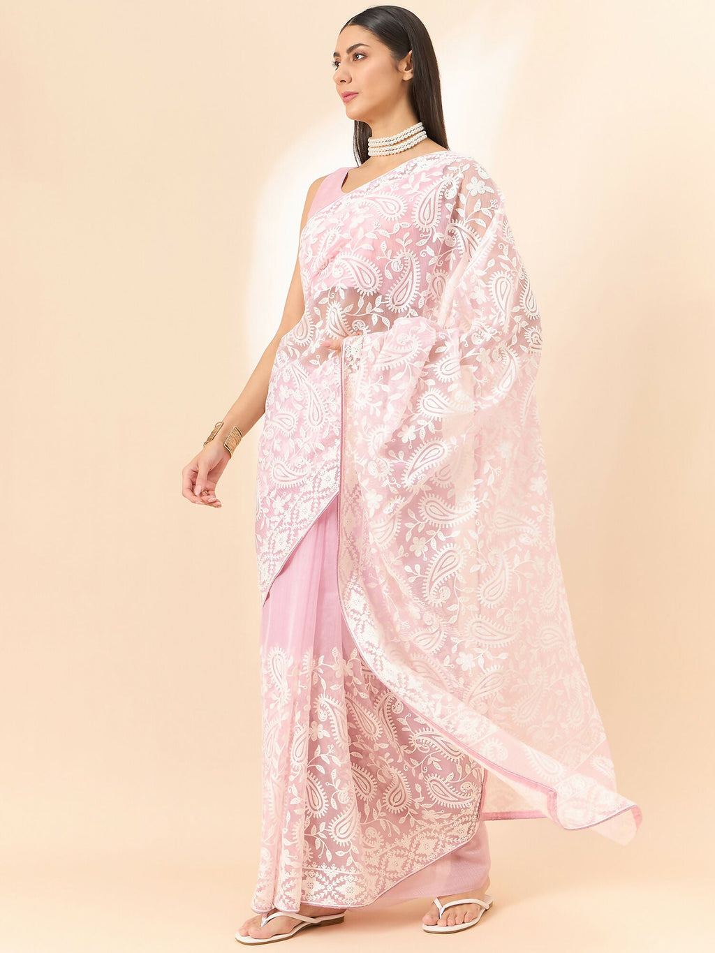Purple Organza Paisely Embroidered Saree with Unstitched Blouse Piece - Roozal