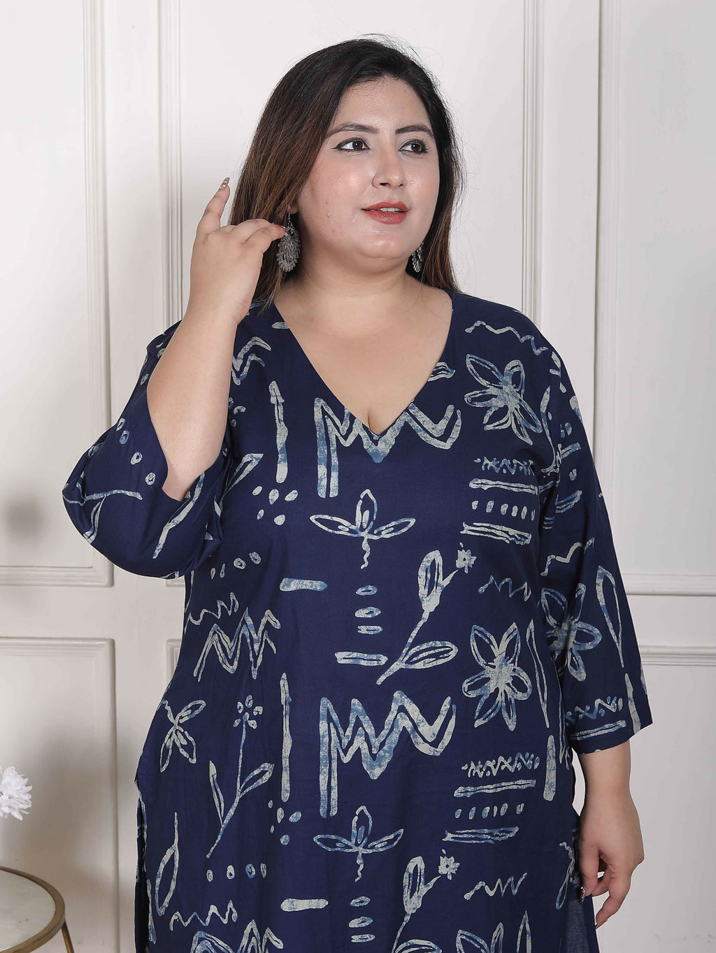 Miravan Women's Plus Size Abstract Printed Cotton Blue Kurta Set