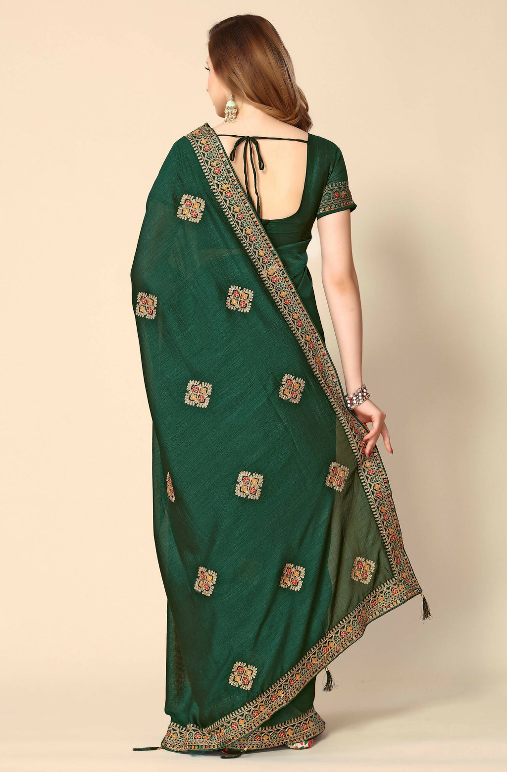 Green Chinon Embroidered Saree with Unstitched Blouse Piece - Roozal