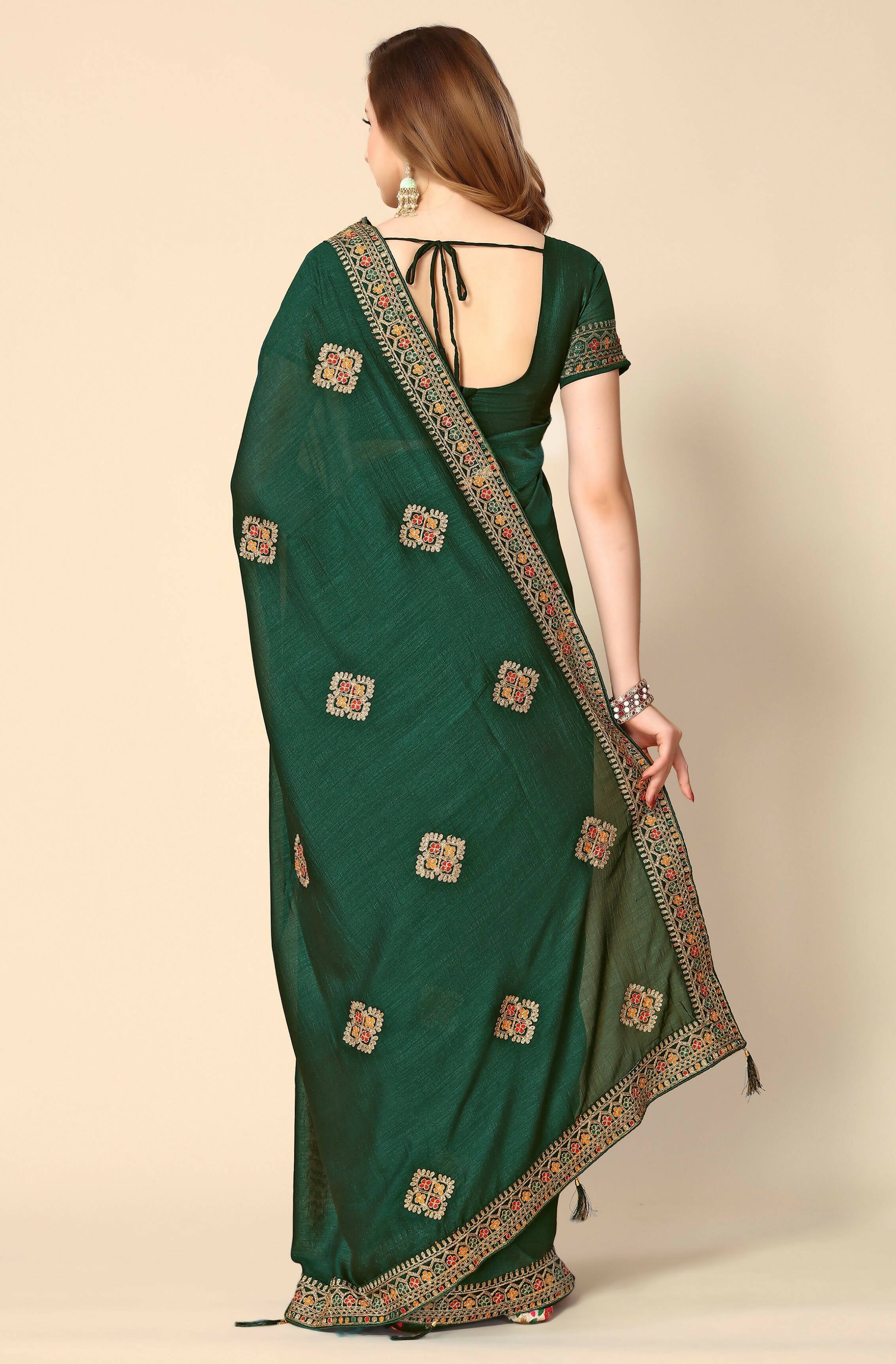 Green Chinon Embroidered Saree with Unstitched Blouse Piece - Roozal