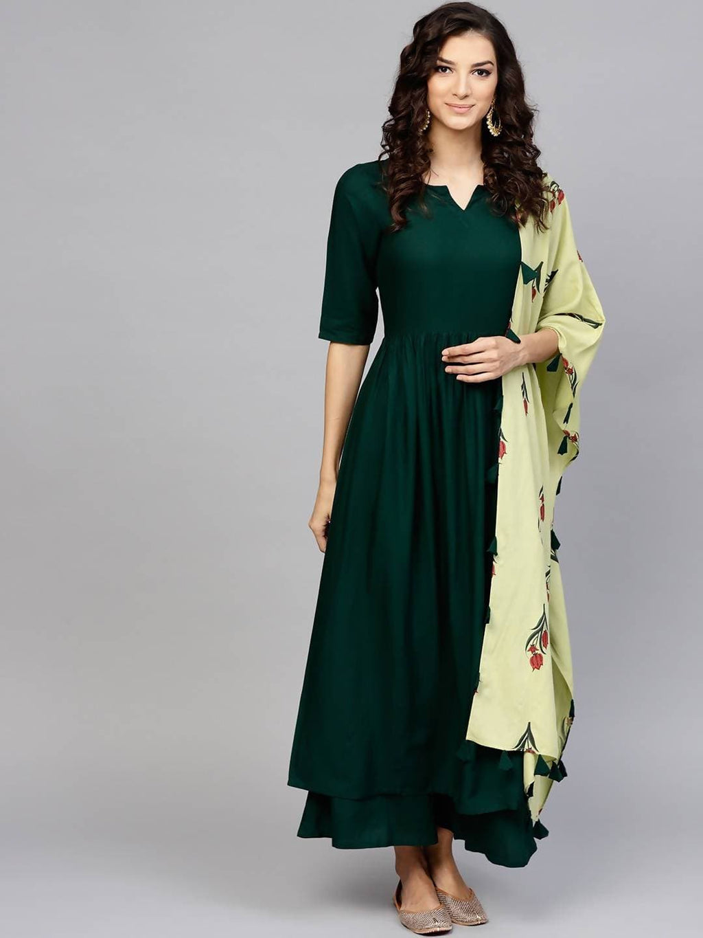 Cheera A-Line solid Green Kurta, Palazzo, Stole Set (CH043K)