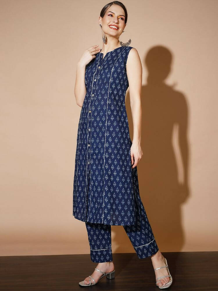 Myshka Women Blue Printed Kurta & Trousers