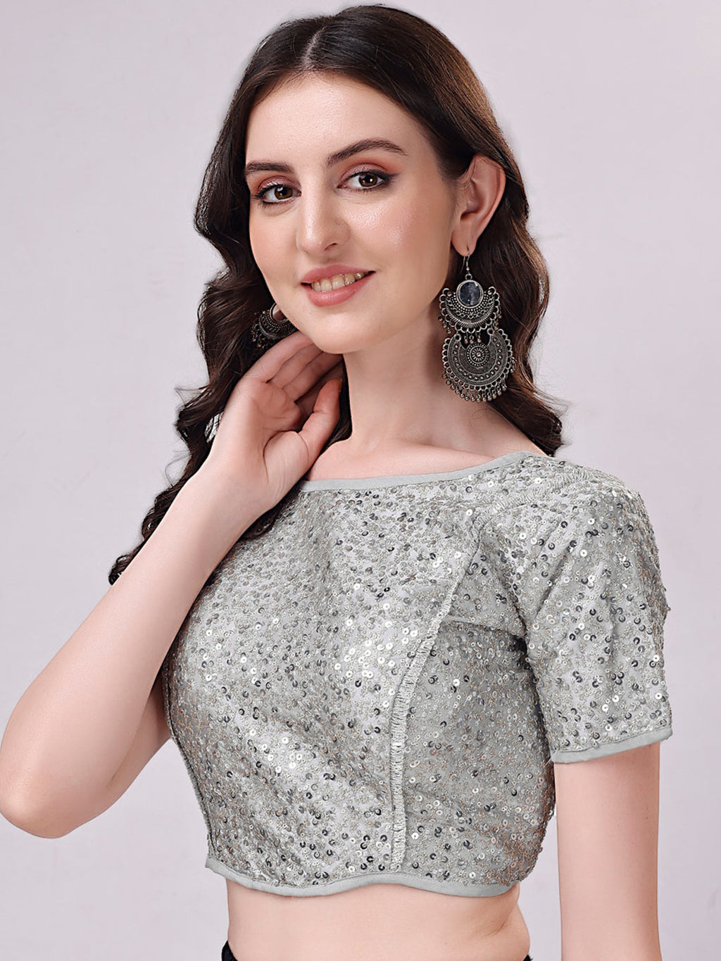 Tikhi Imli Grey Embellished Boat Neck Sequinned Detailed Saree Blouse
