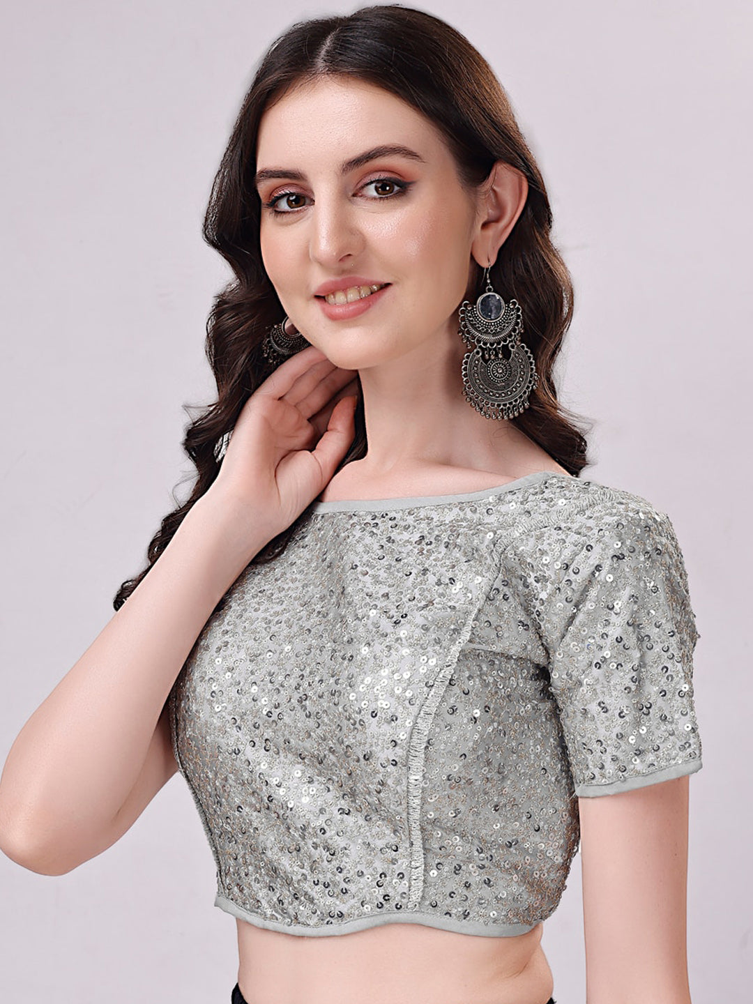 Tikhi Imli Grey Embellished Boat Neck Sequinned Detailed Saree Blouse