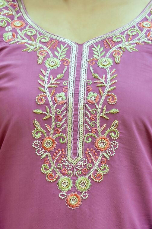 The52 Purple Women's Beautiful Embroidered Viscose Chanderi Silk Fabric with Straight Kurta, Pant and Dupatta Set