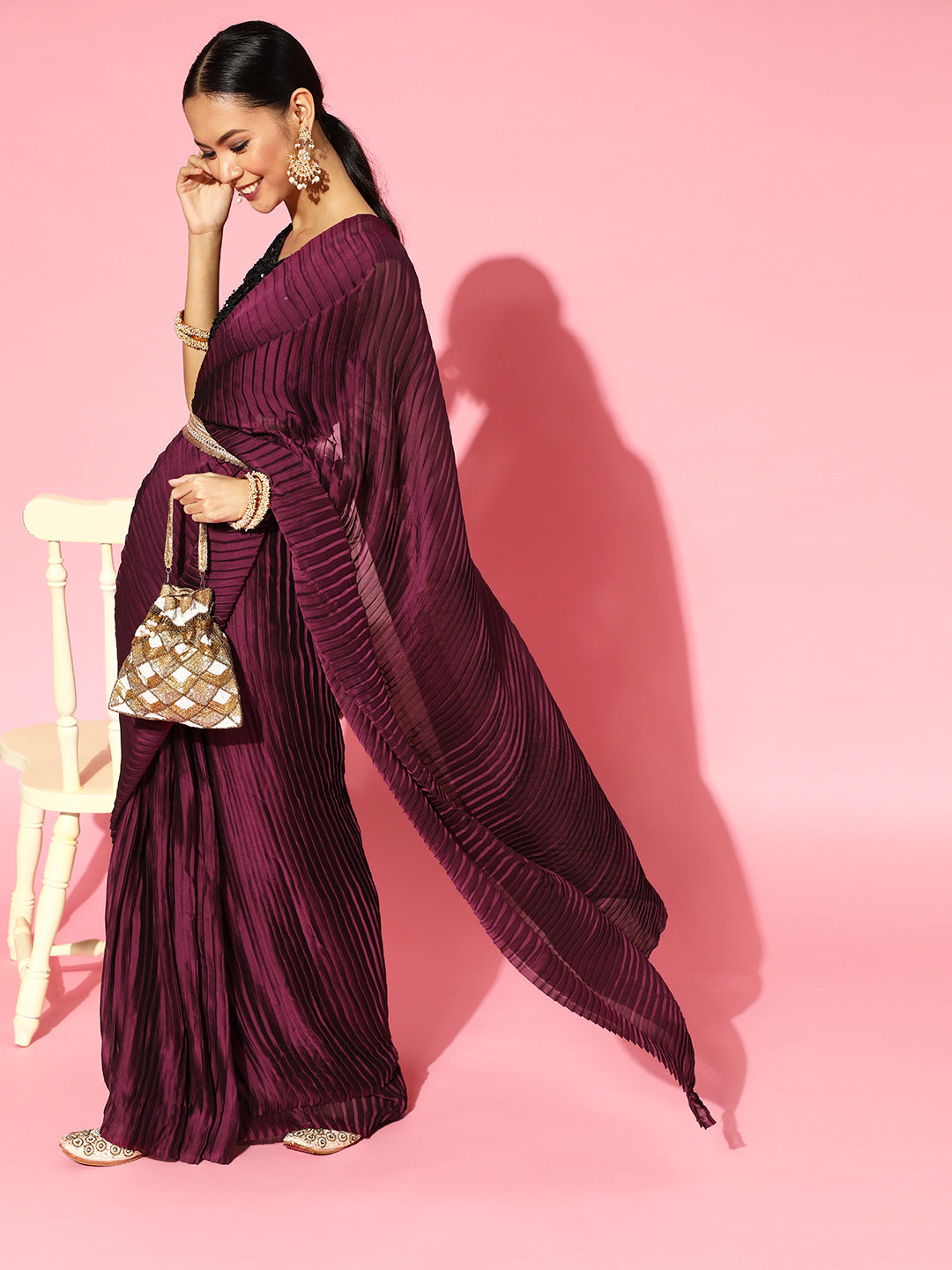 Saree Mall Burgundy Poly Georgette Party Wear Saree with Matching Blouse