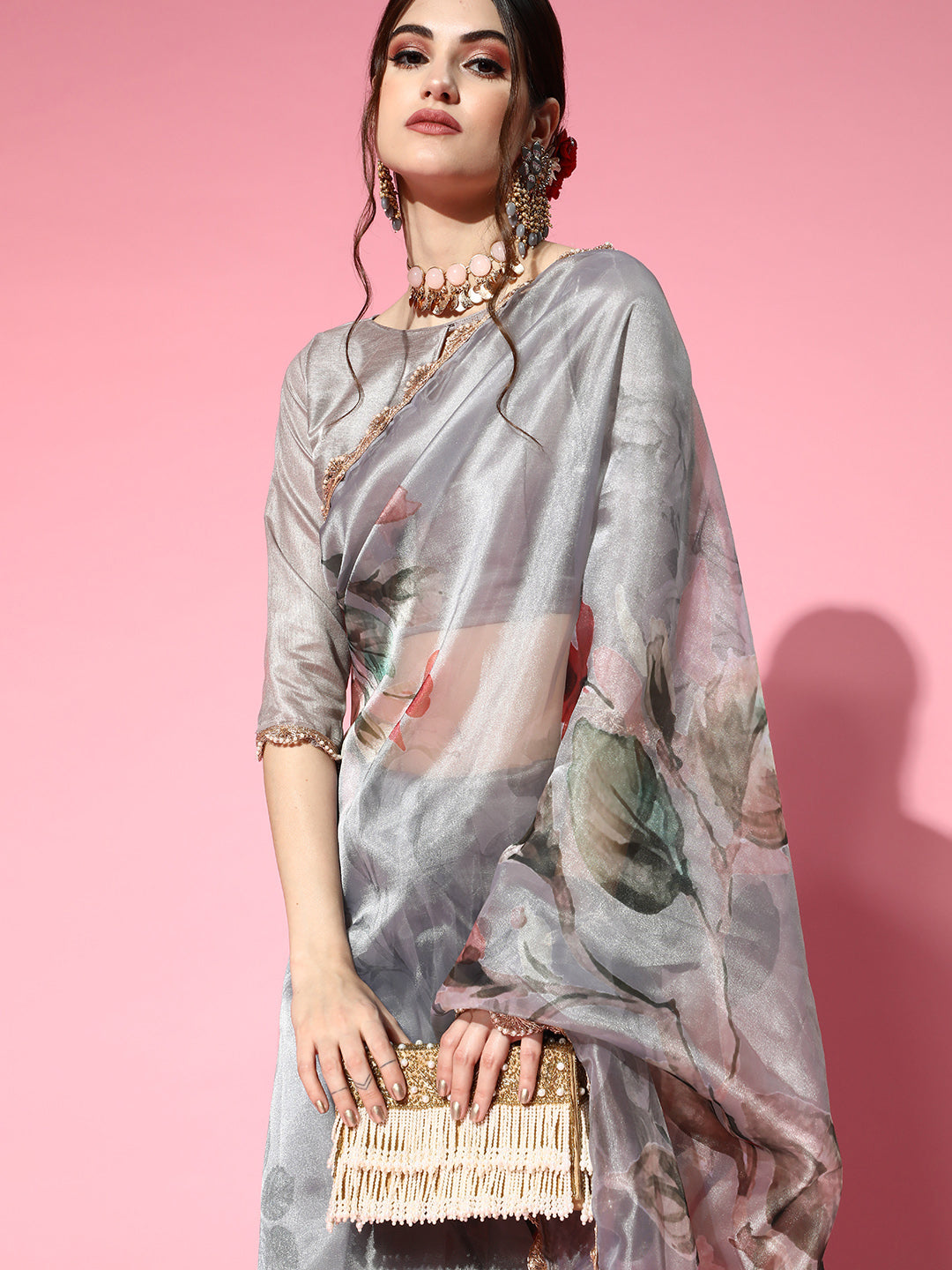 Tikhi Imli Grey Saree with Zari border