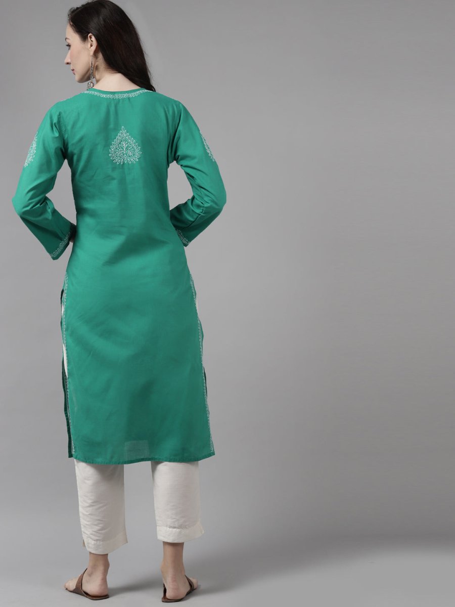 ADA Women Green & White Ethnic Motifs Hand Embroidered Chikankari Handloom Kurta