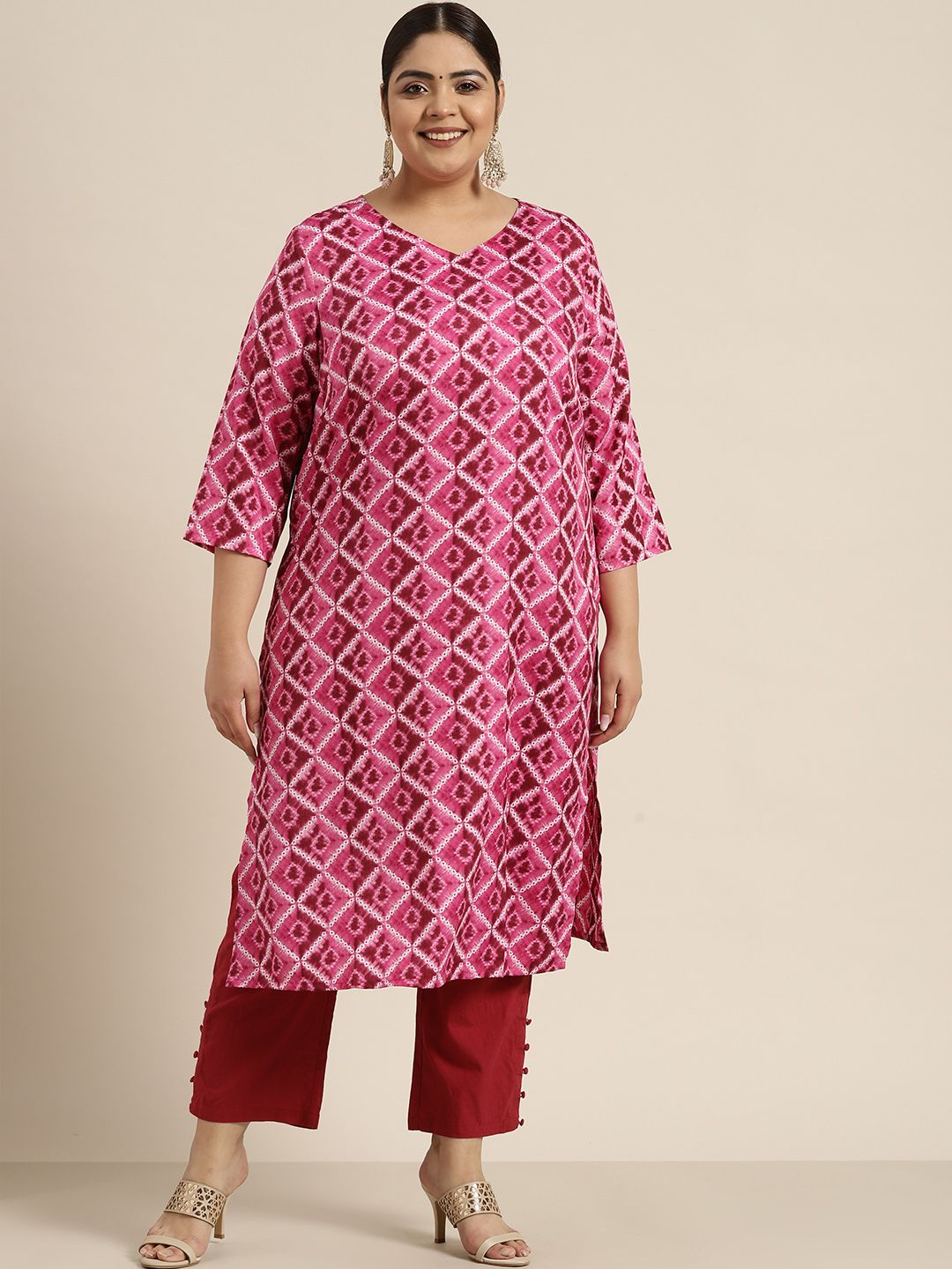 Sztori Women Plus Size Pink & Off White Printed Kurta