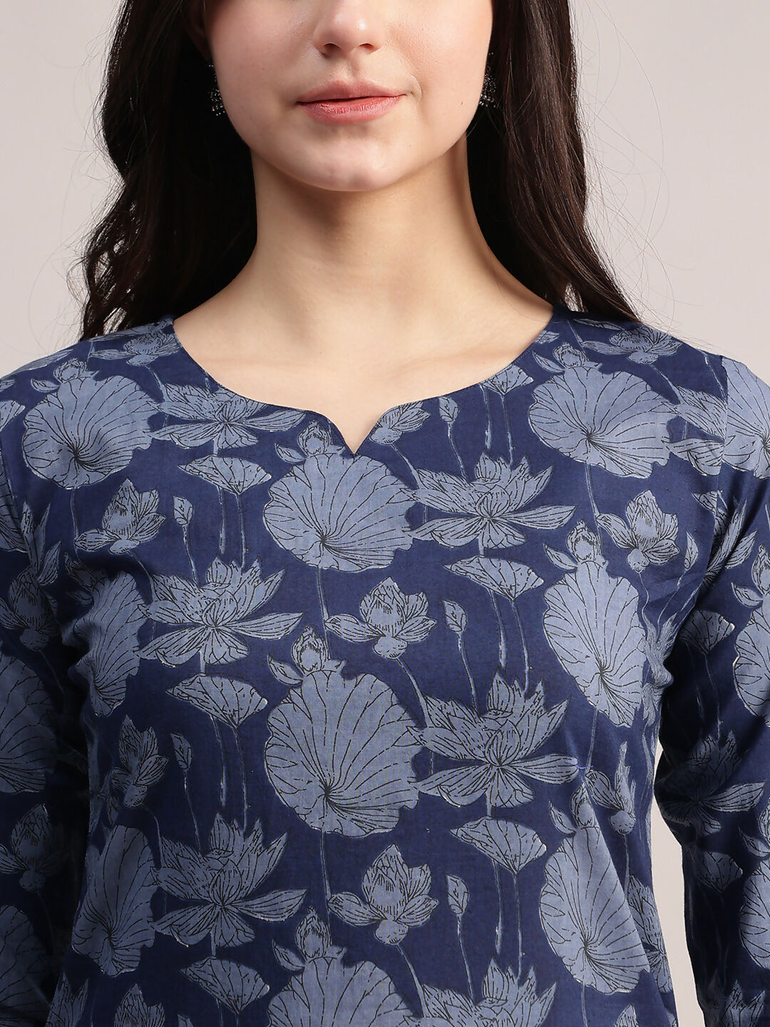 Aavyora Women's Floral Printed Indigo Blue Cotton Straight Kurta With Trouser & Dupatta