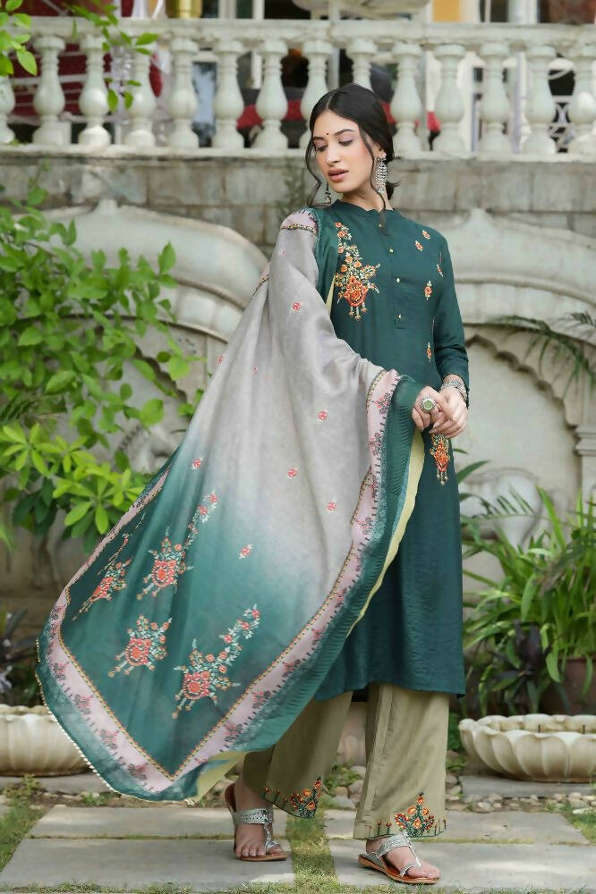 Juniper Bottle Green Mono Viscose Festive Wear Embroidered Straight Kurta Pant Dupatta Set