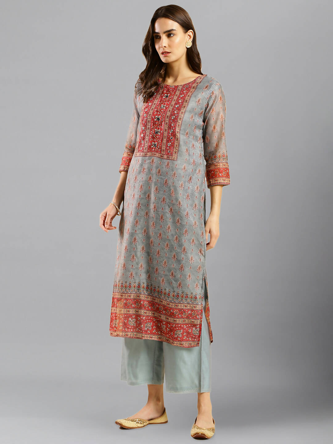 Grey Chinon Digital Printed With Hand Work Kurta - Himanshi