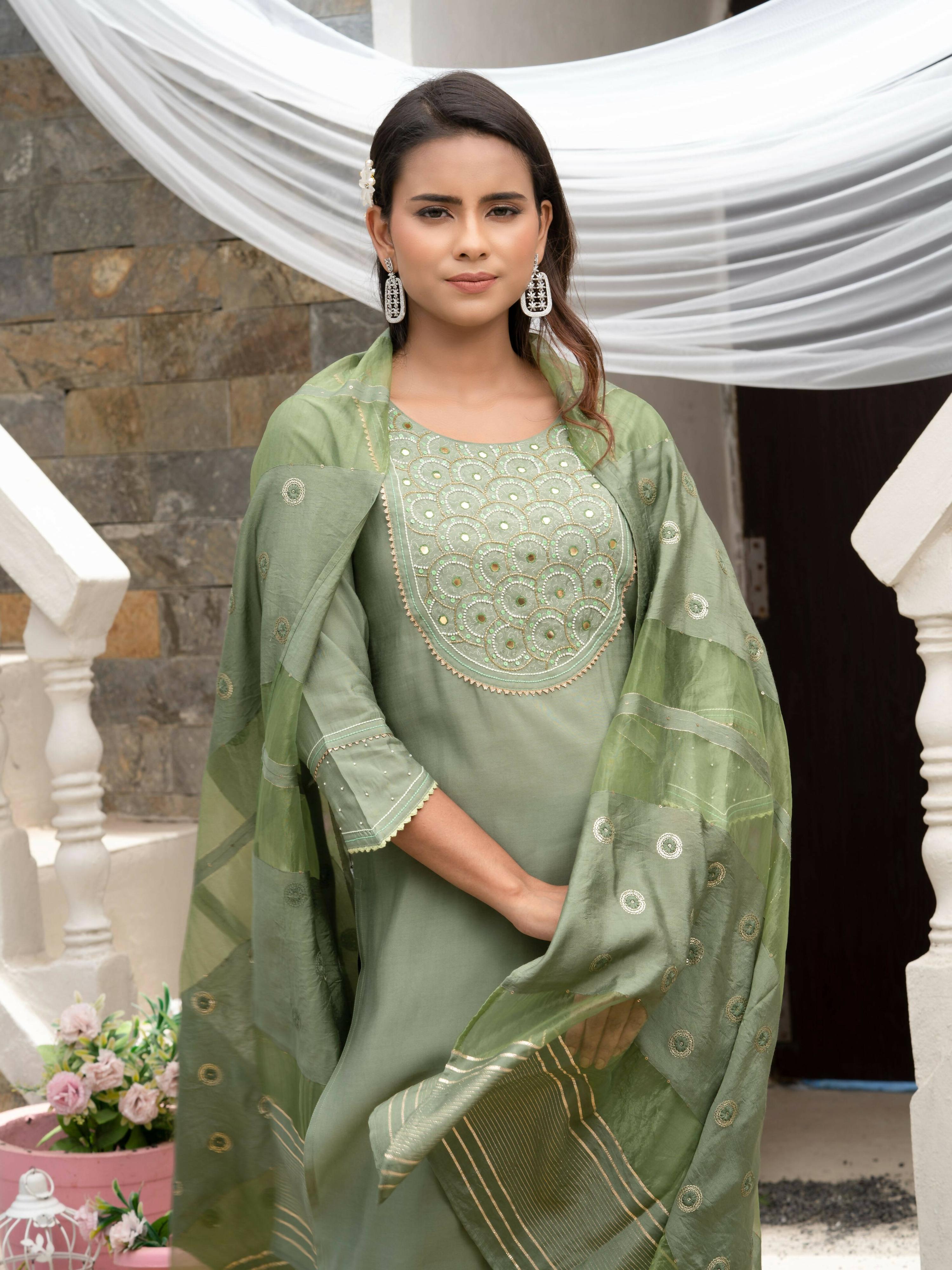 Green Roman Silk Plain Kurta with Pant & Dupatta - Disha