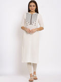 HERE&NOW White & Maroon Geometric Yoke Design Thread Work Straight Kurta