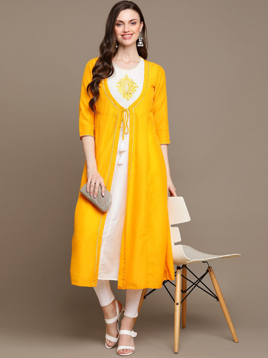 HERE&NOW Round Neck Embroidered Yoke Design Gotta Patti Layered Pure Cotton A-Line Kurta