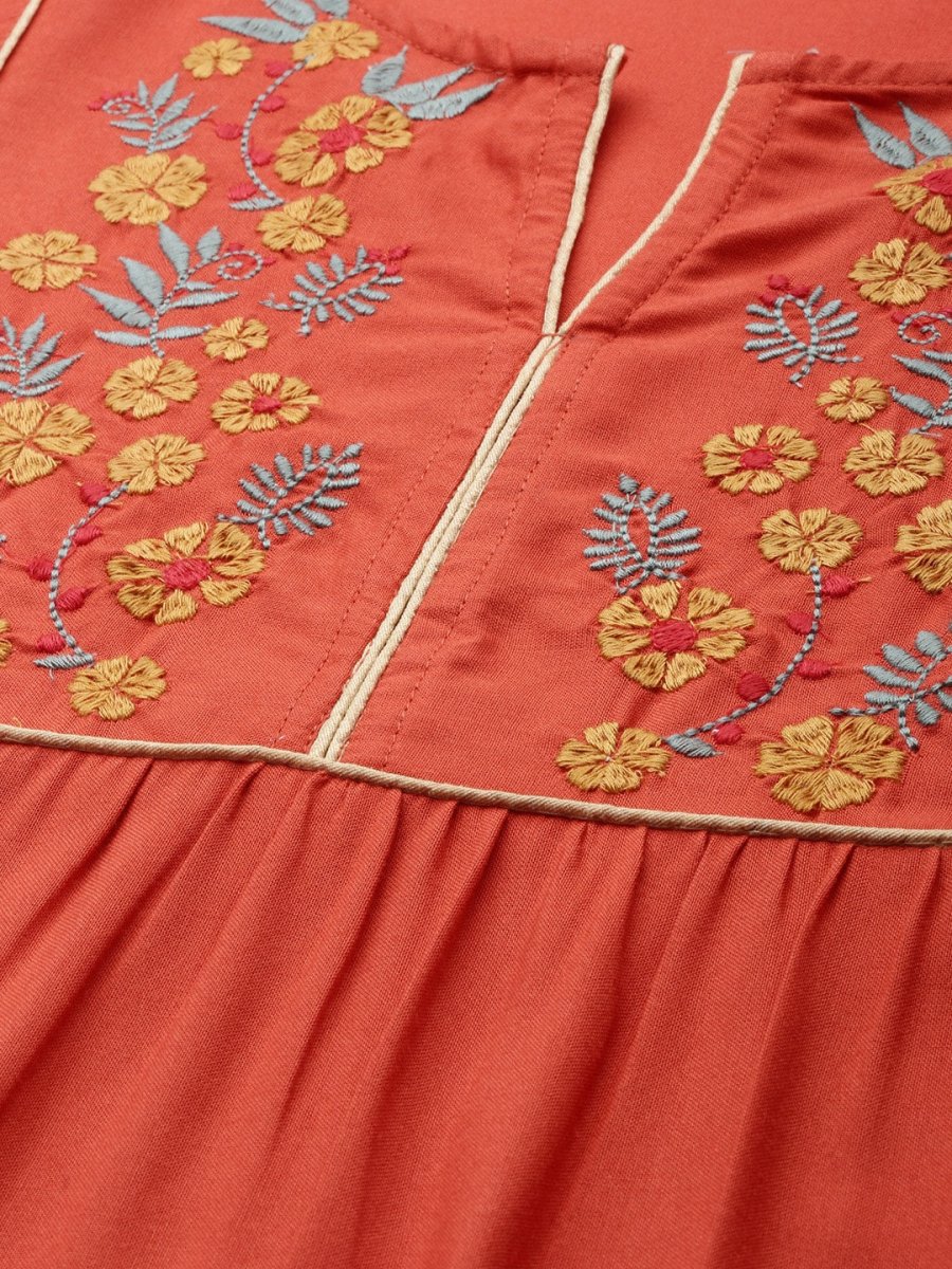 All About You Women Rust Orange Floral Yoke Design Embroidered Thread Work Straight Kurta