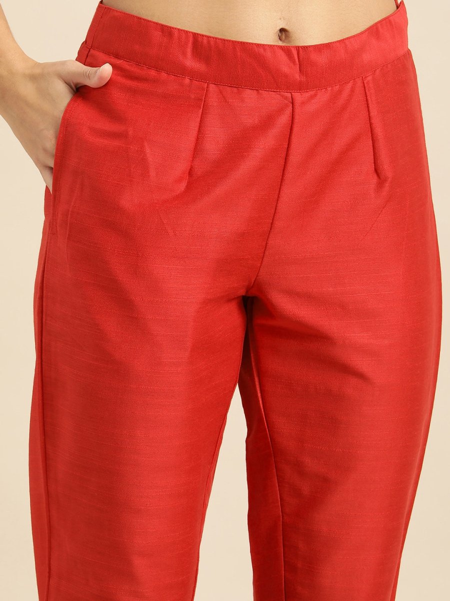 All About You Women Red Woven Design Kurta with Trousers