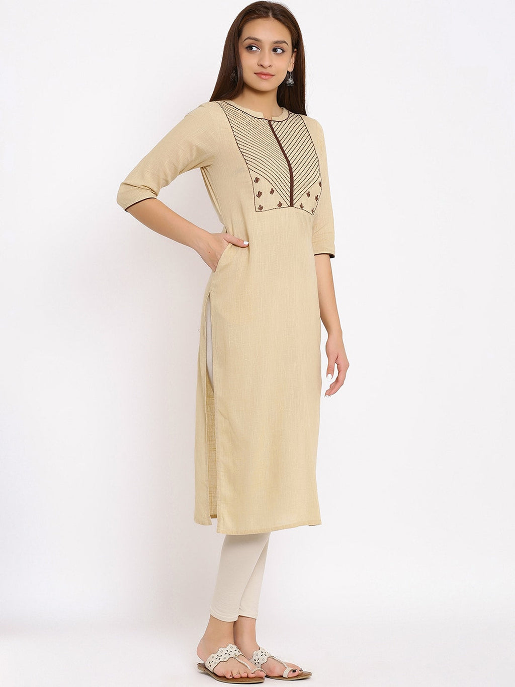 HERE&NOW Beige Geometric Yoke Design Thread Work Kurta