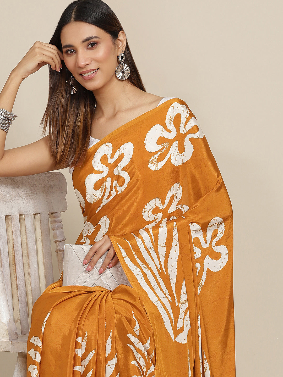 Tikhi Imli Mustard & White Floral Print Satin Saree