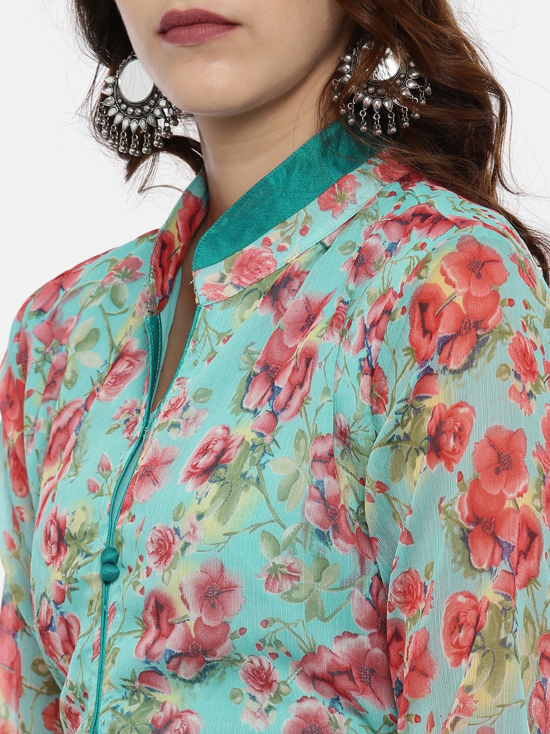 Souchii Turquoise Blue & Pink Floral Print Ethnic Maxi Dress