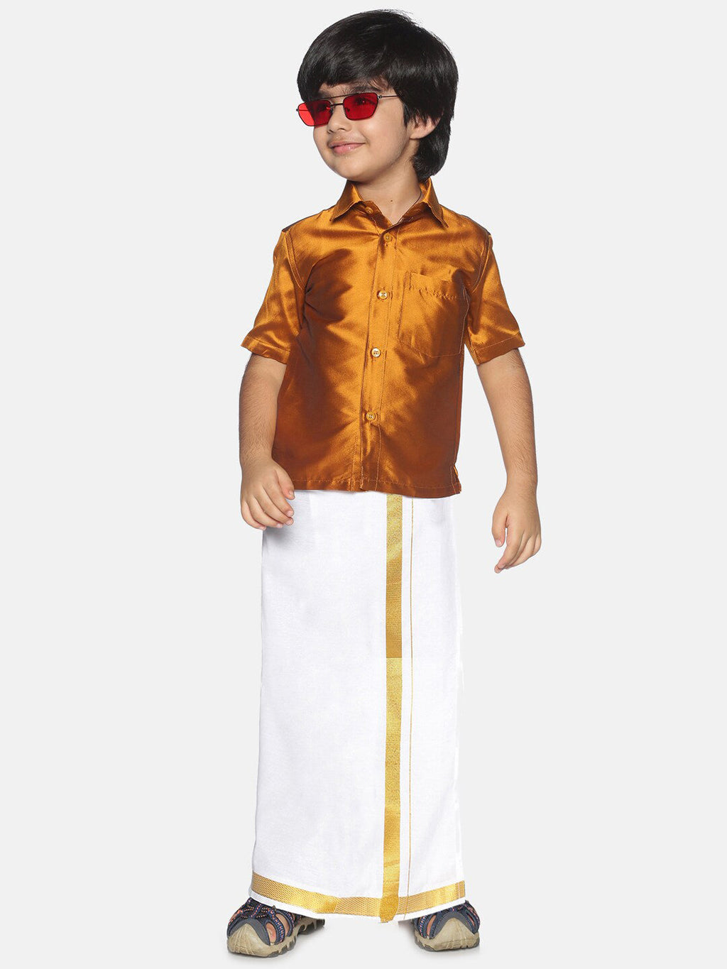 Sethukrishna Boys Mustard Brown & White Solid Shirt and Veshti Set