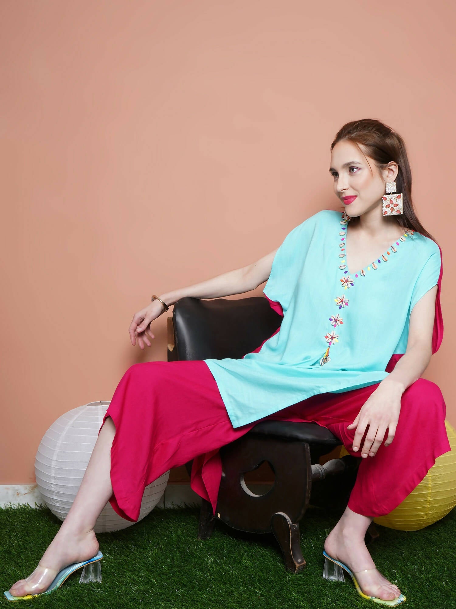 Women Republic Blue And Pink Assyemtrical Kurta Set