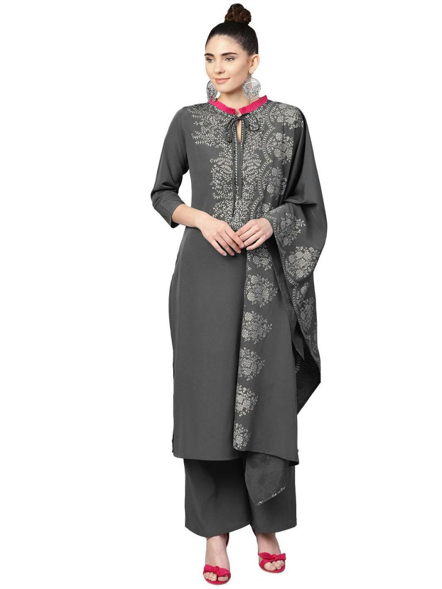 Ahalyaa Grey Crepe Printed Kurta Palazzo Set With Dupatta