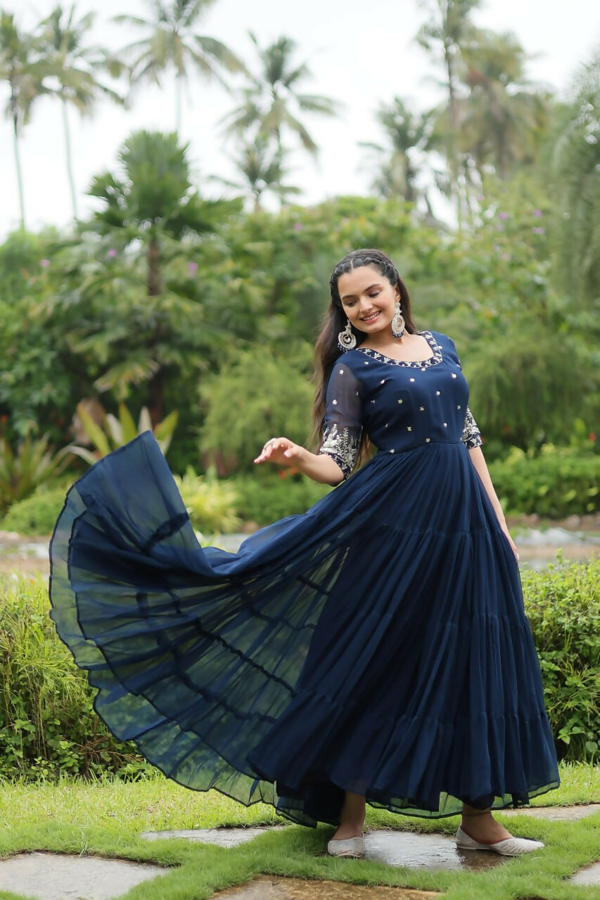 Vastranavya Premium Designer Faux Blooming with Embroidery Zari Sequins work Gown - Navy Blue