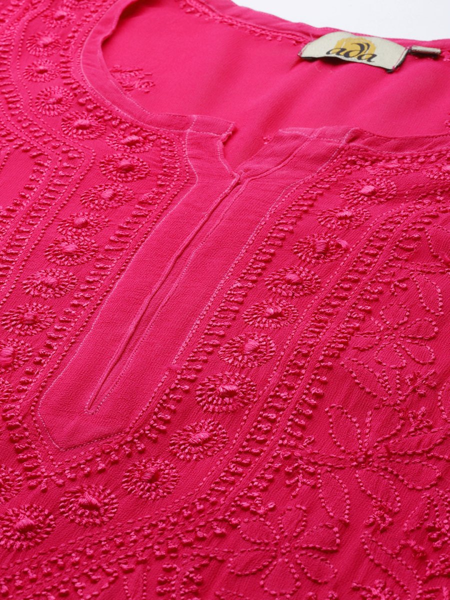 ADA Women Magenta & Magenta Ethnic Motifs Embroidered Chikankari Georgette Kurta