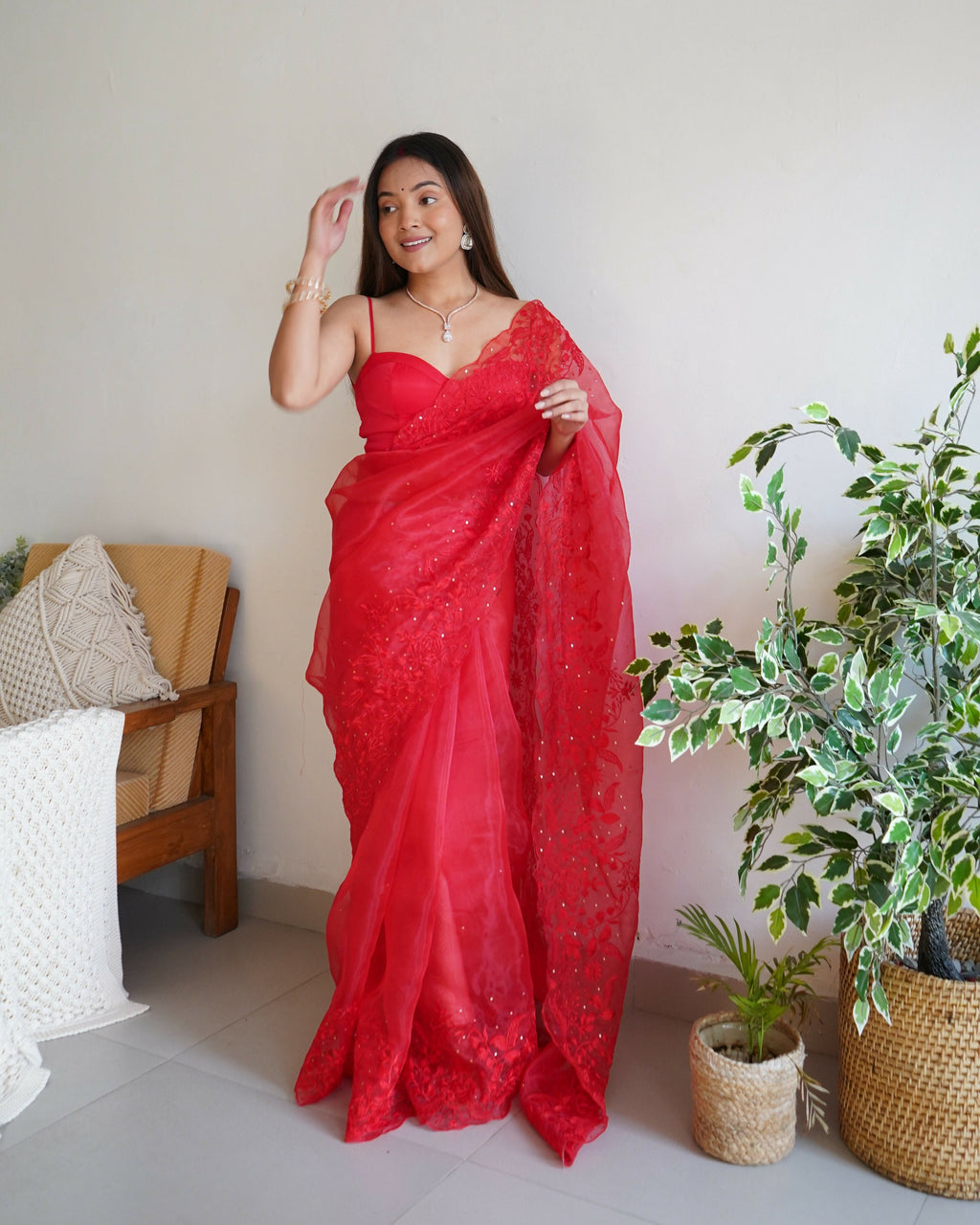 Vamsee Anushka Red Organza Saree