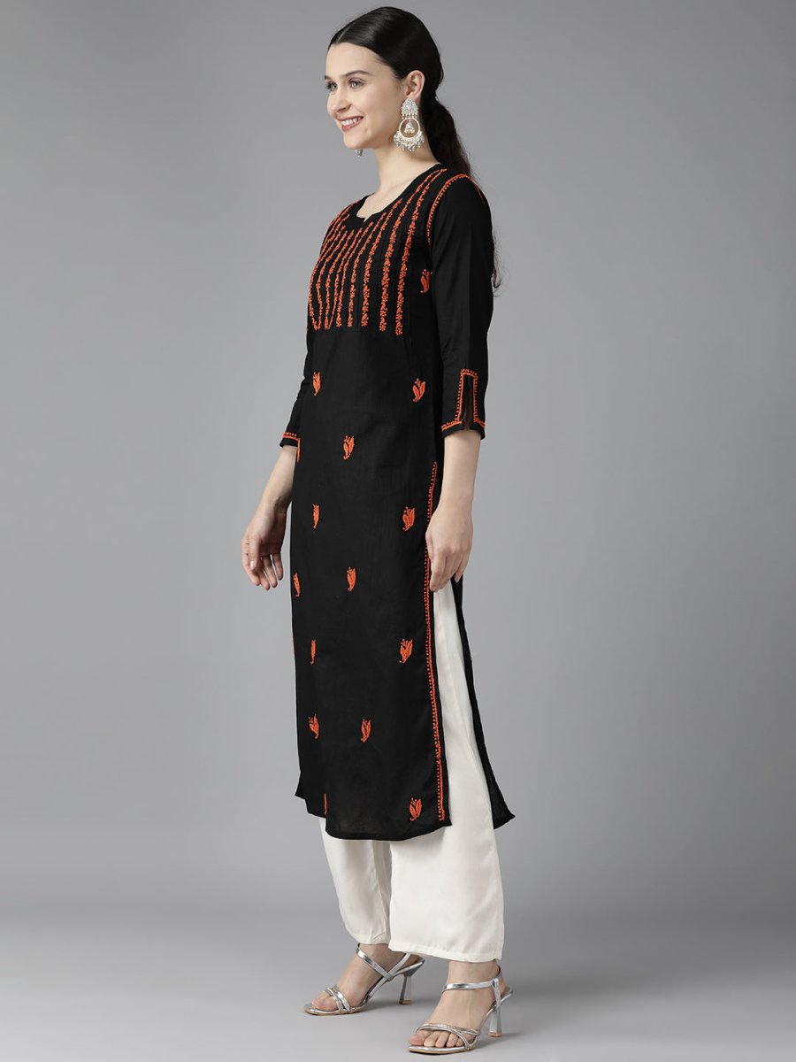 ADA Women Black & Orange Ethnic Motifs Embroidered Chikankari Kurta
