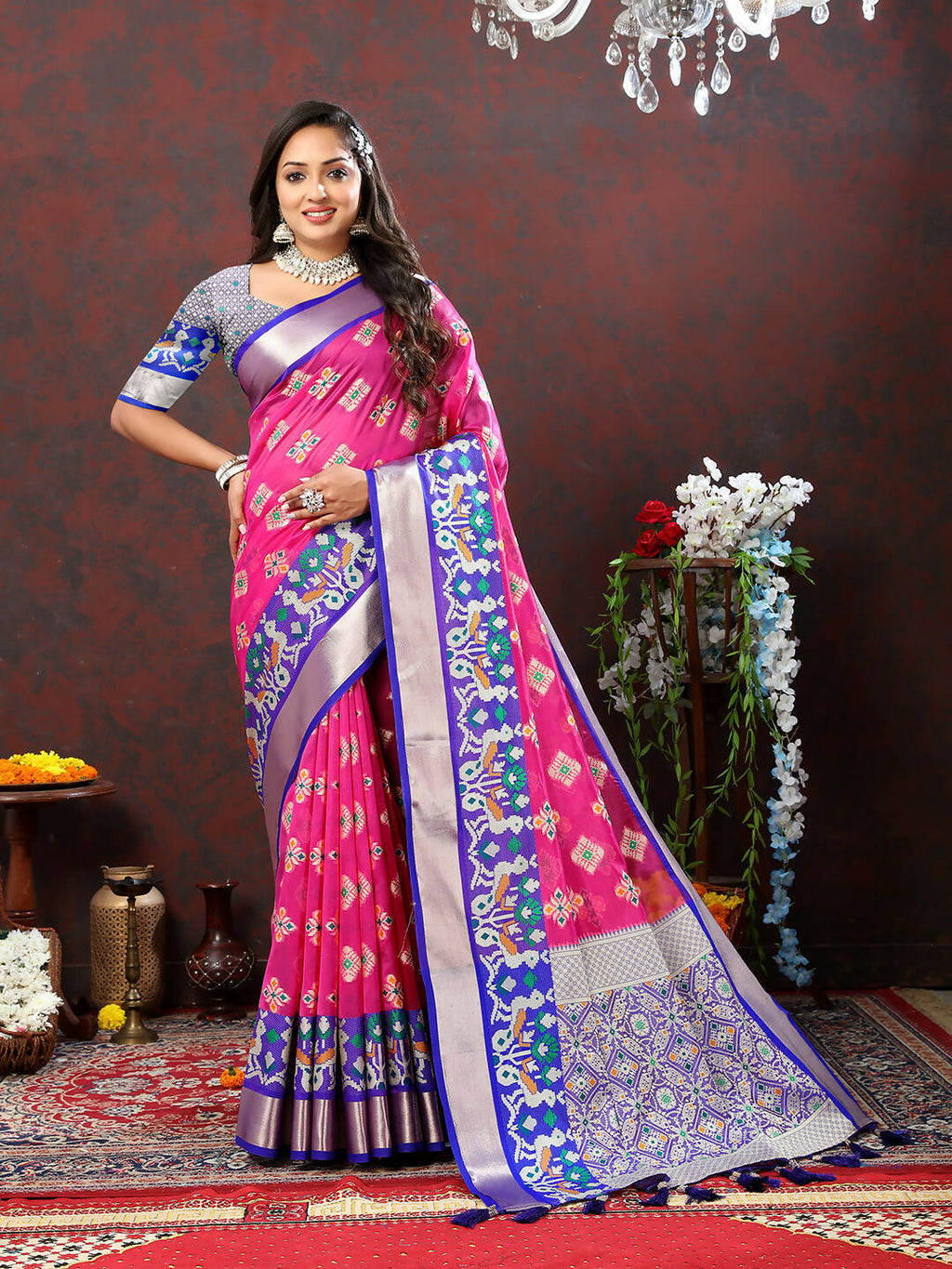 Lorenvalley Fashion Pink Organza Silk Woven Design with Meenakari Weaving Saree