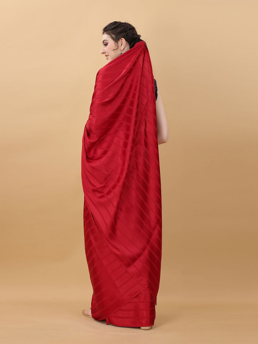 kasee Red & Black Striped Poly Georgette Saree
