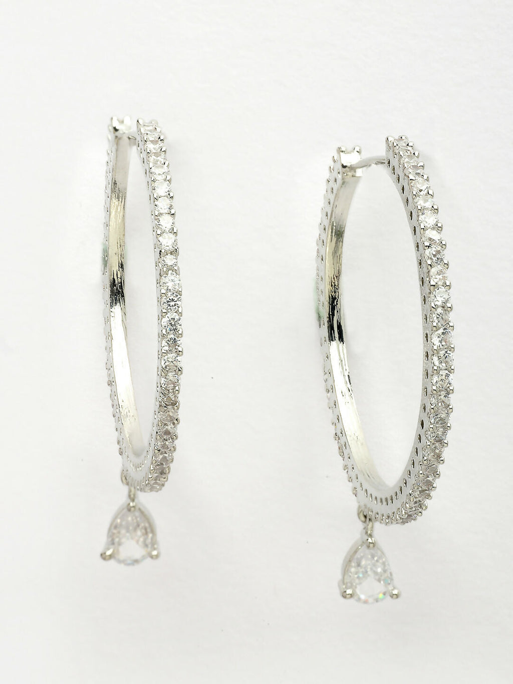 NVR Women's Silver-Toned AD-Studded Handcrafted Circular Hoop Earrings
