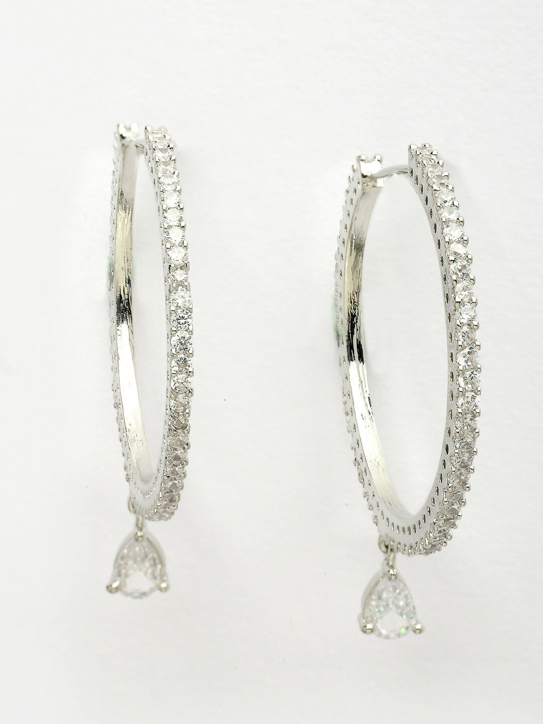 NVR Women's Silver-Toned AD-Studded Handcrafted Circular Hoop Earrings