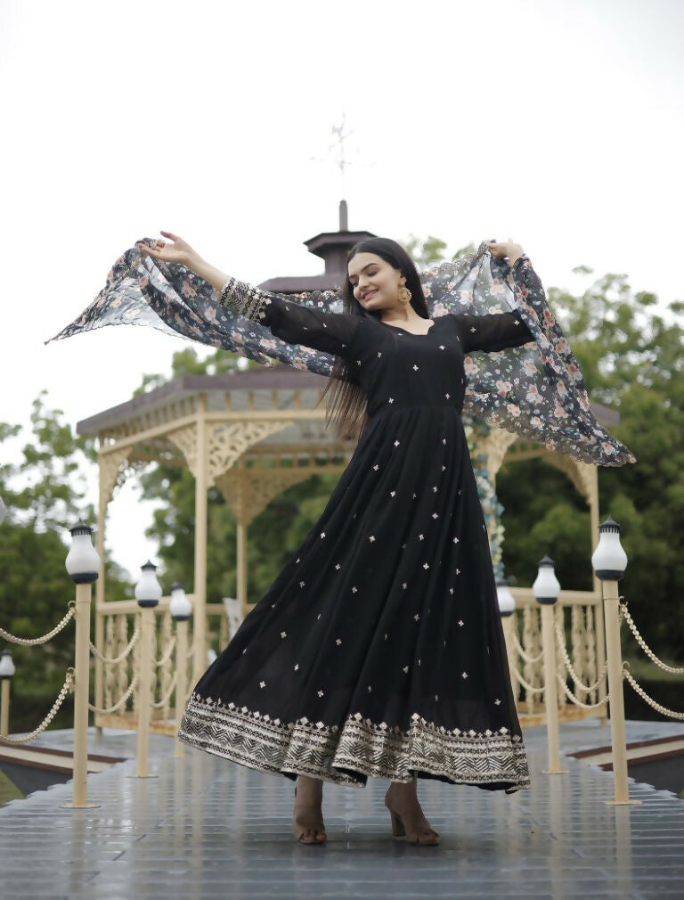 Jyoti Fashion Women's Black Faux Blooming Sequins with Zari Embroidery Anarkali Dress with Dupatta