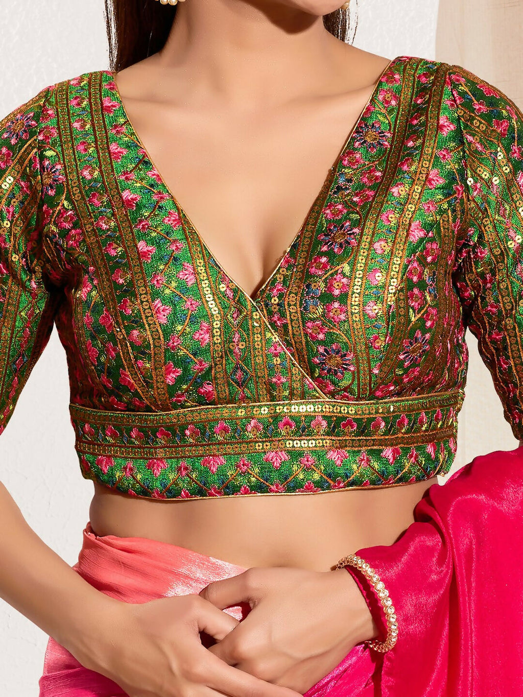 Joban Fashion Bottle Green Mulberry Silk Padded Blouse With V Neck Elbow Sleeves