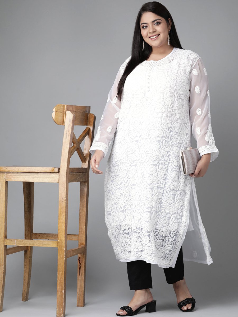 ADA Women Plus Size White Chikankari Embroidered Handloom Kurta with Inner