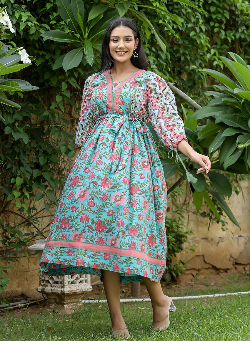 Kaajh Women's Green Hand Block Printed Dress