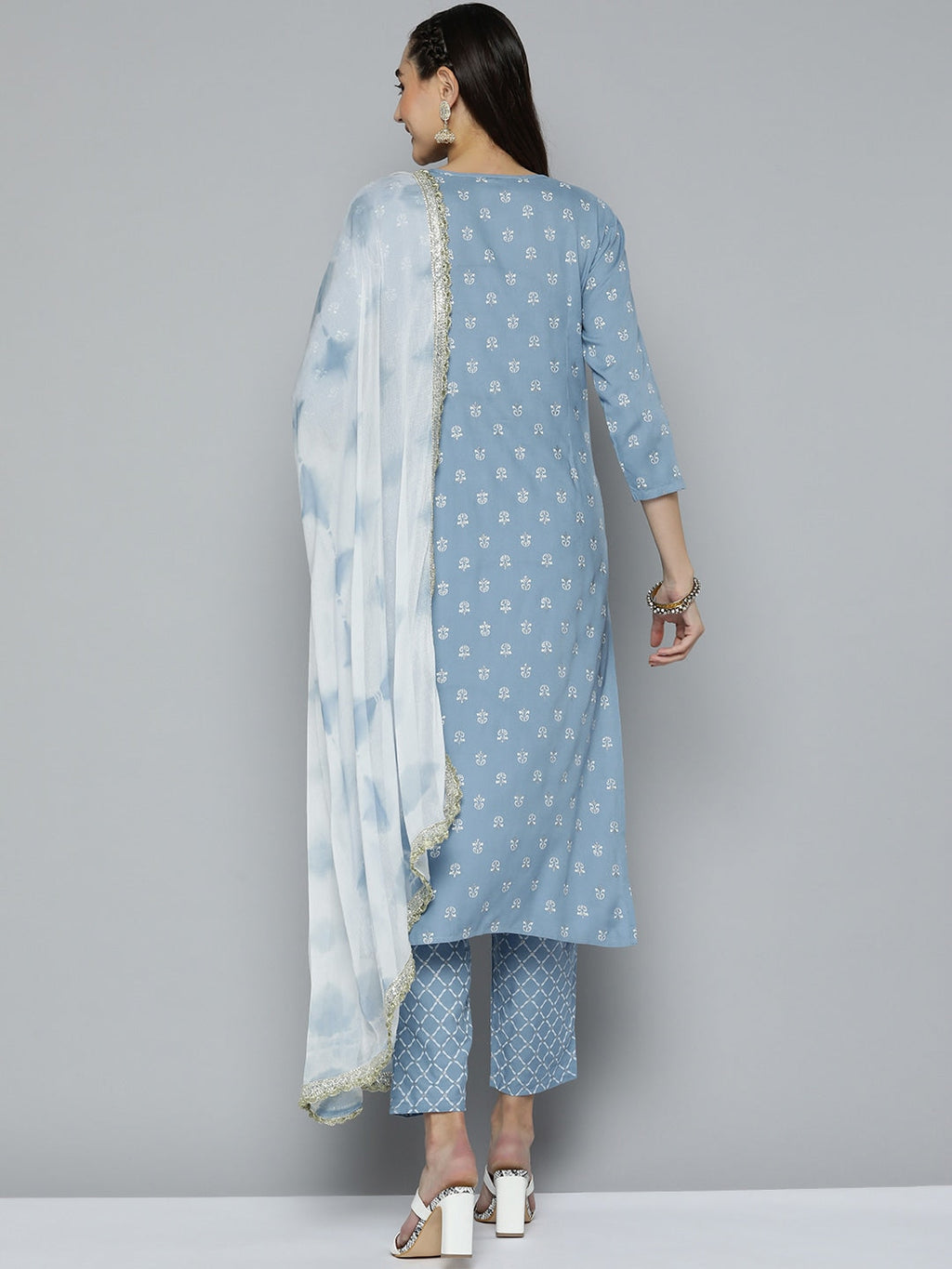 HERE&NOW Women Blue & White Ethnic Embroidered Kurta with Trousers & With Dupatta