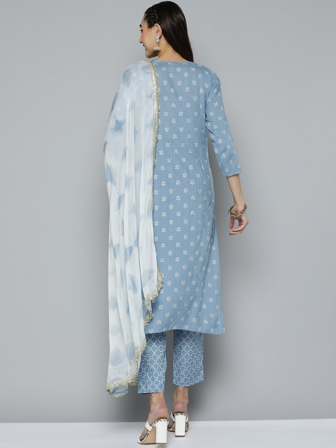 HERE&NOW Women Blue & White Ethnic Embroidered Kurta with Trousers & With Dupatta