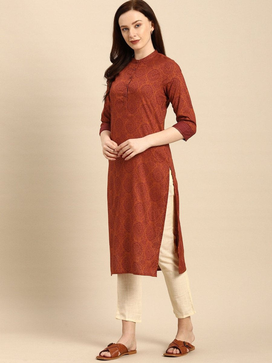 All About You Women Rust Brown Ethnic Motifs Printed Straight Kurta