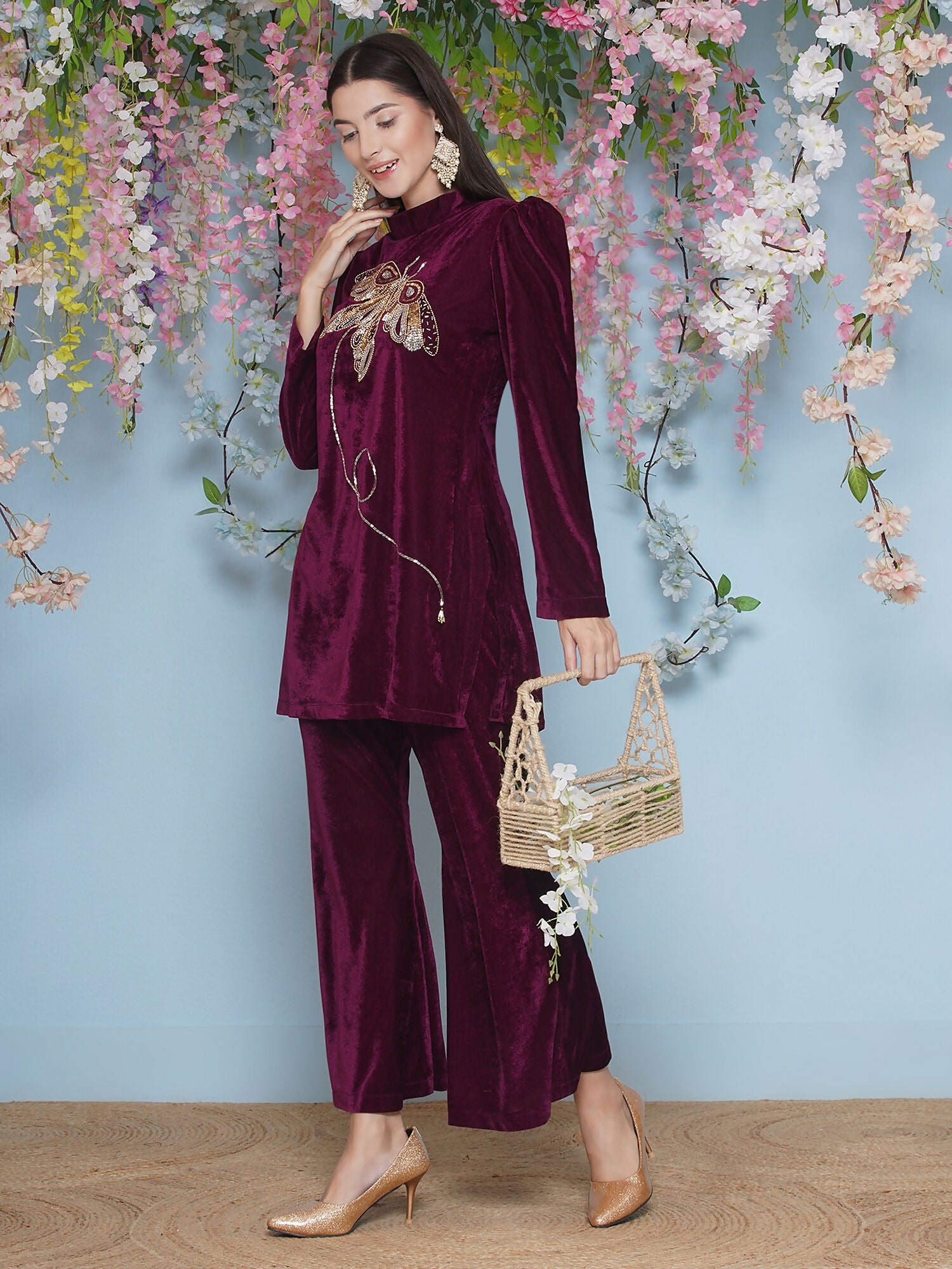 Joban Fashion Wine Velvet Hand Embellished Coord Set