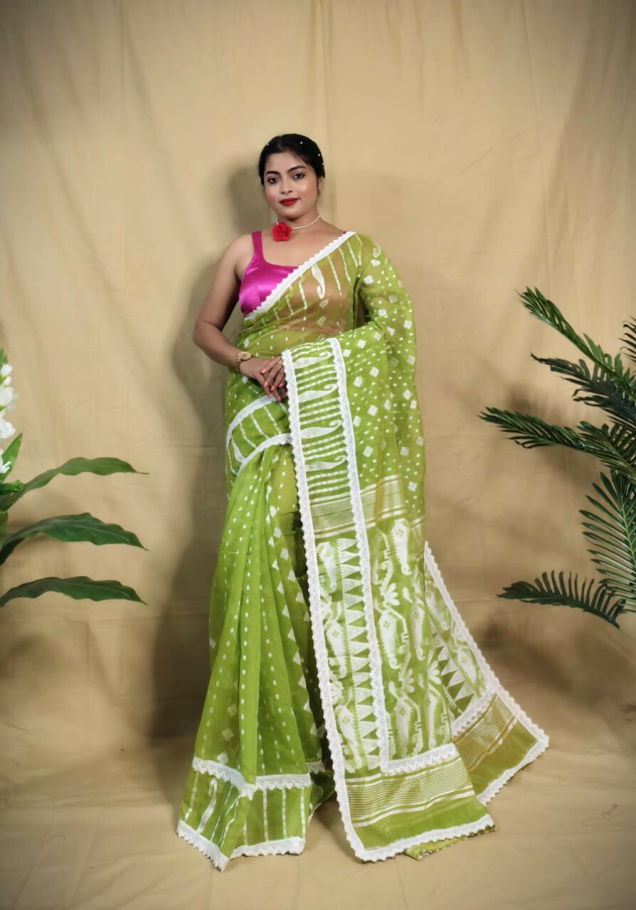 Exclusive Collection Beautiful Light Green Jaal Jamdani Saree