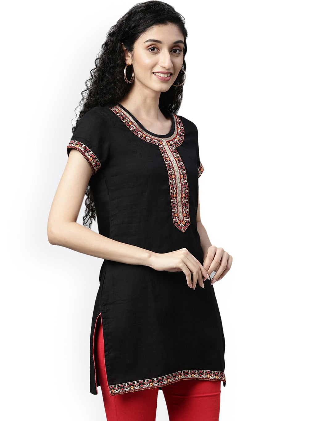 Souchii Black Embroidered Mirror Work Kurti